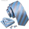 Neck Ties Neck Ties Fashion Light Blue Silk Tie For Men ic Stripe Necktie Handkerchief Cufflinks Sets Wedding Business Groom Designer LN-6365 Y240325