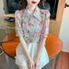 Womens Blouses Shirts High Quality Pearls Lapel Collar Floral Chiffon Shirt Women Tops 2023 Puff Sleeve Ol Elegant Blouse Blusas Camis Otxki