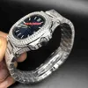 Uniek en glamoureus diamanten horloge voor heren, zilverkleurig roestvrijstalen horloge, blauw gezicht diamanten band, automatisch mechanisch Wris3174