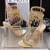 Zapatos dorados Moda s Peep Toe Señoras Tacones altos Sandalia de gladiador de cristal Calzado femenino fino 240318