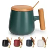 Muggar kaffemugg keramik för kontorshem 14 oz kopp med trälock guldsked