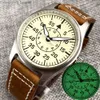 Relógios de pulso 20bar mergulho vintage piloto mecânico mens nh35 movt creme branco dial verde super lúmen presente vintage clockc24325