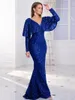 Casual Dresses V Neck Full Long Sleeve Stretch Sequin Prom Dress Backless Floor Length Evening Night Party Gown Green