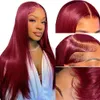 Aoque 99j Bury Front Pre Plucked 180% Density 13x4 Straight Hd Lace Frontal with Baby Human Hair Wigs for Women Red Wig 24inch