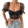 Women's T Shirts Women Crop Corset Lace Tops Sheer Summer Basic Short Sleeves T-Shirts Streetwear Aesthetic Grunge Tpp