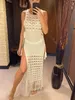 S-XL Franja Tassel Backless Vestido Longo Malha Crochet Alta Dividir Oco Out Maxi Vestido Cover-ups Beach Wear Outfits V3800B 240313