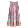 Saias Boho Queens Mulheres Hippie Verão Borla Elástica Cintura Vintage Saia Azul Floral Impresso Rayon Beach Bohemian Plissado Maxi