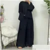 Etniska kläder 3 -stycken uppsättningar för muslimska kvinnor Lång cardigan topp och byxor med fickor Islamiska mantel Modest Eid Ramadan Abaya passar Dro Otd62