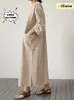 2024 Zarif ve Şık Kadınlar Uzun Elbise Vintage Yuvarlak Boyun Soyu Gevşek Pamuk Kenevir Büyük Cep 240322