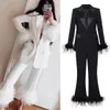 Womens Two Piece Pants Female Office Commute Suit Women Solid Color Long Sleeve Coat Straight Suits Fashion Feather Blazer Set 221206