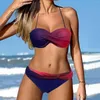 Maillots de bain pour femmes Impression dégradée Sexy Taille basse Bikini Ensembles Deux pièces Maillot de bain Femmes Push Up Ruché Wrap Vintage Tankini Printemps Été