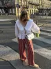 Elegant snörning veckade kvinnliga skjortor blusar lykta ärm vit kvinnlig streetwear lös vår sommarlapa elegant lady topp 240318