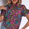 Women's Blouses Lightweight Summer Shirt Ethnic Style Floral Print With Stand Collar Ruffle Short Sleeve Loose Fit For A