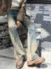 Dżinsy damskie jrjl vintage panelowe dla kobiet 2024 guziki o wysokim talii streetwear splatane proste flary pełnej długości