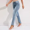 Jeans femininos 2024 calças jeans rasgadas bainha elástica com bolsos elegante perna reta versátil casual streetwear