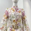 Casual jurken 2024 witte bloemenprint lange lantaarnmouwen linnen knopen vintage elegante mini-jurk met riem voor dames