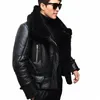 Nouveau homme Winter Lamb Laine Real Aviator Fur doublure Motorcyle Shearling En cuir manteau slim fit Bomber Veste W0V5 #