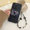 Cell Phone Cases Korean Cute Butterfly Bracket Love Heart Hang Chain Soft Case For iPhone 14 Pro Max 12 13 11 Mini X XR XS 6 7 8 Plus SE2 Cover H240326