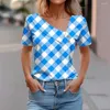 Blusas femininas xadrez impressão pulôver topos feminino topo elegante gola inclinada camiseta para ajuste solto manga curta verão