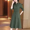 Women Khaki Satin Mid Dress Casual Turn-down Collar Long Sleeve Drawsting Pockets Party Dress Elegant Silk Shirt Dress Autumn 210412