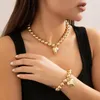 Ensemble de collier et boucles d'oreilles en acier inoxydable 316L, Bracelet de perles solides pour femmes, couleur plaquée or, breloque, accessoires de personnalité
