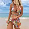Damenbadebekleidung 2024 3-teiliges Set Badeanzug Frauen Tanga Sexy Micro Bikini mit Sarong-Rock Ethnischer Druck Beachwear Badeanzug
