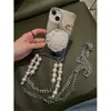 Mobiltelefonfodral Japan Korean Transparent Crystal Flower Bracket Crossbody Lanyard Chain Soft fodral för iPhone 13 12 11 14 Pro Max Mirror Cover H240326