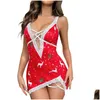 2024 Womens Sleepwear Christmas Printed Night Dress Women Y Deep V Lingerie Nightgowns Lace Trim Pyjamas Lenceria Spaghetti Strap Drop Deli Otck6