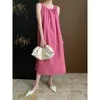 Casual Dresses French Elegant Rose Pink Long Dress Women Summer A-line Loose Sleeveless Round Neck Tank Beach Holiday Praty Female Robe