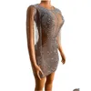 Grundlegende Freizeitkleider Luxus Mode Abend Party Strass Fransen Mesh Transparent Kurzes Kleid Frauen Geburtstag Feiern Crystal Out Otoov