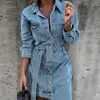 Casual jurken vrouwen asymmetrische denimjurk afslag kraag knop mini met riem lange mouw elegante blauwe gewaad vrouwen