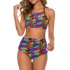 Kvinnors badkläder Fun Feather Bikini Swimsuit Colorful Print High midja Kvinnor Sexig Retro Bikinis Set Push Up Design Feminin