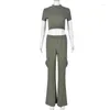 Women's Pants Knitted Casual Slim Fit Two Piece Set For Women Autumn Soild High Elastic Short Sleeve Crop Tops Pocket Cargo Streetwear