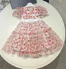 新しいデザイナーキッズ服の女の子のドレスチェリーパターンベビースカートの子供フロックサイズ110-160 cm弓タイウエストデザインプリンセスドレス24マメ