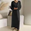 Casual Kleider Frauen Maxi Kleid Elegante V-ausschnitt Für Kordelzug Kapuze Einfarbig Herbst Weiche Atmungsaktive Dame Mit Lange