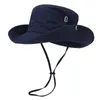 Chapeaux larges Chapeaux de seau Coupe-vent pour hommes chapeau d'extérieur à large bord plat pour hommes chapeau de camping lettre impression ceinture résistante aux UV chapeau de pêcheur creux pour hommes J240325