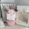Flores decorativas de pelúcia embalagem de orelha buquê terminado de malha rosa crochê criativo aniversário presentes artesanais decoração de casamento