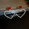 Boucles d'oreilles pendantes coréennes simples et brillantes, strass creux en forme de cœur pour femmes et filles, Vintage, cristal rouge, bijoux à la mode