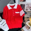 Tb Academy Style British Four Stripes Age Reducing Temperament Flip Collar Cartoon Back Little Dog Ice Silk Knitted Short Sleeved Summer