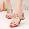 Trend Summer Elegant Fashion Women Casual Thick with Sandals Peep-toe Beach Shoes Rhinestone Chunky Mid Heels Blue Slippers 240312