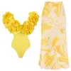 MEDIA DE MUNDA FUNHOR 2024 2PC de alta qualidade Luxury Woman Swimsuit Flower Ruffle Bathingsuites sólidos Push para cima do ombro Ternos de verão