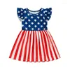 Mädchenkleider Sommer Independence Day Kinder Mädchen Kleid fliegende Ärmeln Stripe Print A-Line Festival Kleidung