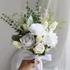 Artificial Wedding Flower Silk Rose Green Eucalyptus Leaves Bridal Bouquet Fake Flower for Wedding Table Party Bridesmaid 240313