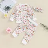 Set di abbigliamento Neonata Vestito pasquale Felpa con stampa floreale Top Pantaloni con coulisse Set di fasce 2 pezzi Vestiti per neonati