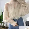 Blusas para mujer Camisas para mujer Moda Otoño Mujeres Dulces Perlas Burbuja Manga Perlas Botón Gasa Señoras Elegante Camisa de malla Blusas D DHCYG