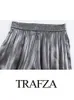 Zweiteilige Damenhose TRAFZA Herbst Elegante Frau Metallfarbe Lose Hohe Taille Lässige Hose mit weitem Bein Silber Plissee Übergroßer Mantel 2 Set