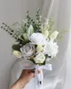 Artificial Wedding Flower Silk Rose Green Eucalyptus Leaves Bridal Bouquet Fake Flower for Wedding Table Party Bridesmaid 240313