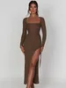 Casual Dresses Collar Drawstring Bodycon Sexy Party Long Dress Elegant Autumn Sleeve Ruched High Split Maxi Women Square