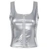 Women's Tanks Camis Wet Look PVC Leather Mock Neck Sleeveless Crop Tops Vest Zipper Camisole Blouse Rave Dance Jacket Steampunk Clubwear 230224