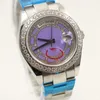 Les montres automatiques pour hommes de 40mm affichent un cadran violet rond avec un boîtier de montre en acier inoxydable diamant 259g